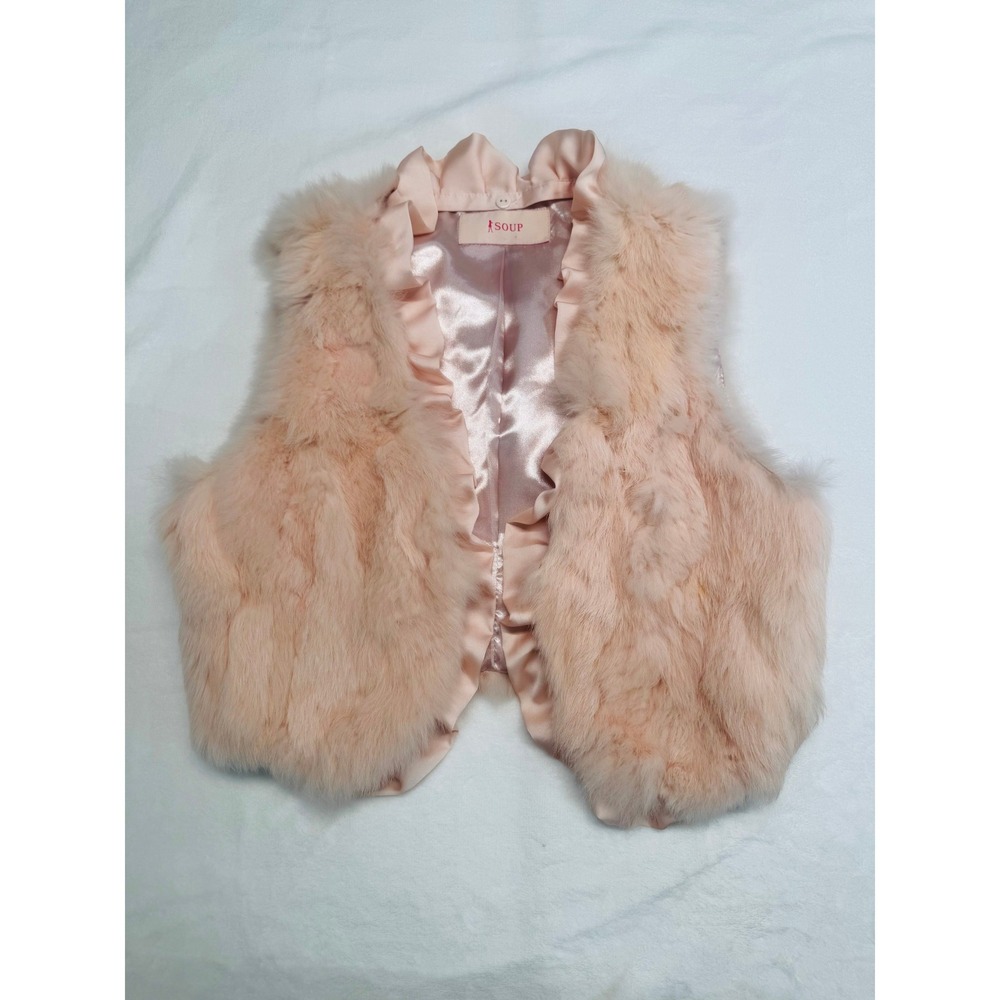 SOUP Women's Peach Real Rabbit Fur Cropped Vest Ruffle Trim Size S